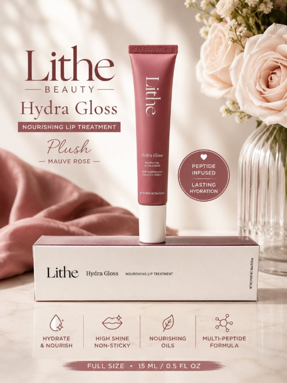 Lithe Beauty Hydra Gloss Plush Mauve Rose Nourishing Peptide Lip Treatment NIB